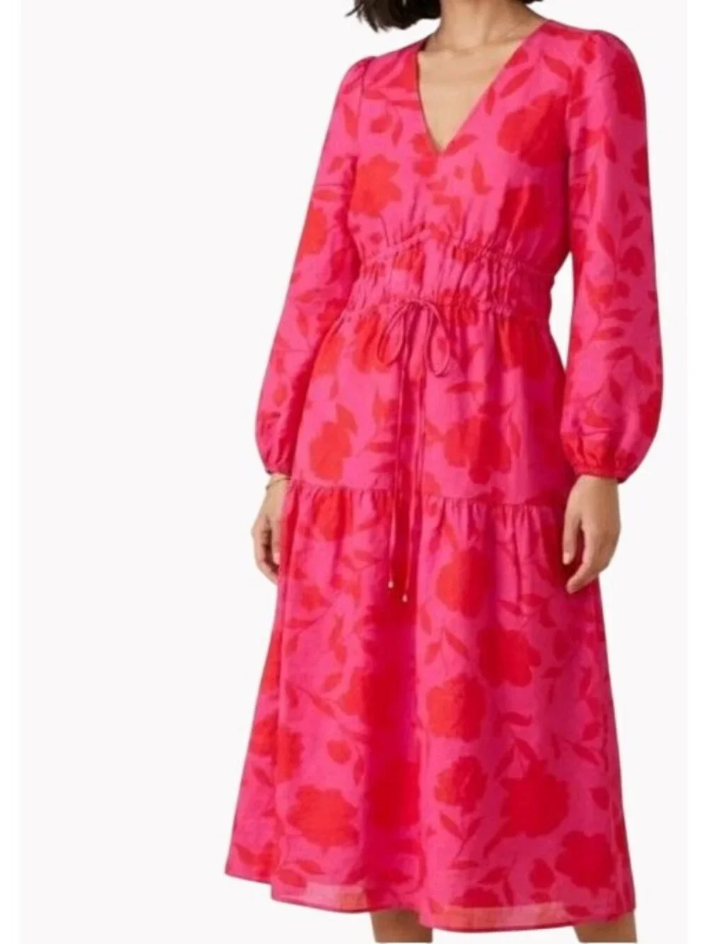 Kate Spade New York 1X Red & Pink Floral Midi Dress With Drawstring Waist